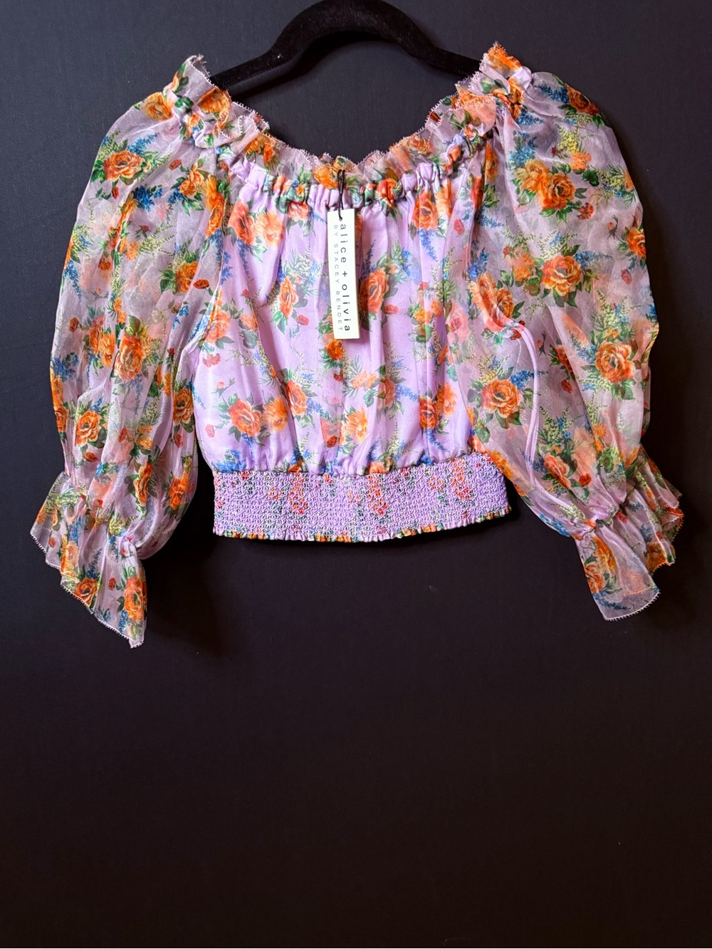 NWT Alice + Olivia Lavender Off-Shoulder Floral Sheer Crop Top - Picture 5 of 9